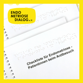 Mappe mit Brailleschrift und Aufschirft Endometriiose Dialog e. V. 