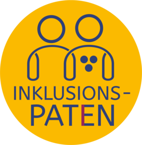 gelber Kreis mit zwei schemenhaften Figuren - ein Bilder gekennzeichnet durch drei Punkte und dem Begleitdienst und dem Schriftzug Inklusionspaten