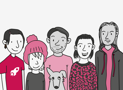 Unser Team: Rico, Eva und der kleine Hund Pepe, Florian, Lisa und Robert