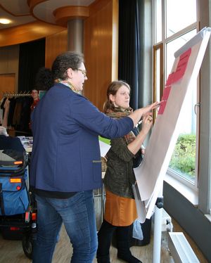 Teilnehmer tragen Ideen zusammen für Workshopthemen Teilnehmer vom 1. Netztreffen beraten sich am Flipchat