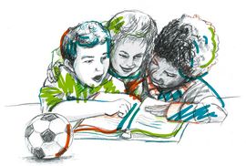 gezeichnetes Bild - drei Jungen schauen sich ein Buch an, davor liegt noch ein Fu&szlig;ball