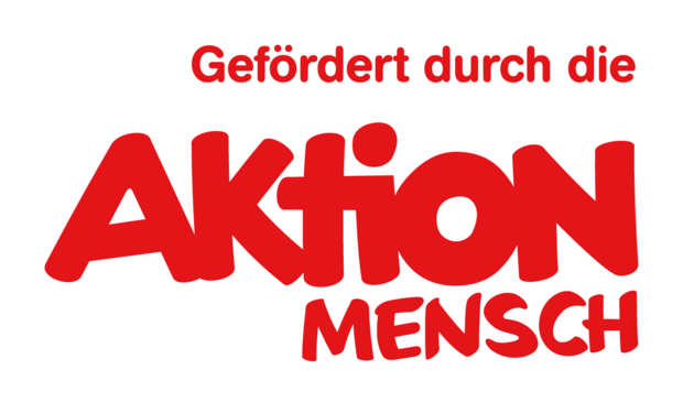 Logo Gefördert durch die Aktion Mensch in rotem Schriftzug und unterschiedlier Buchstabengestaltung