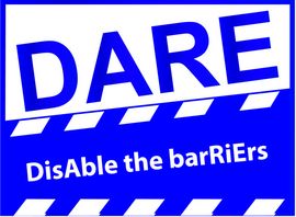 Logo in blau wei&szlig;er Farbe mit dem Schriftzug DARE, Disable the barriers