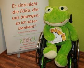 Rollup mit Kuscheltier-Frosch als Maskottchen f&uuml;r den Verein INDD sitzend im Rollstuhl und den Karten f&uuml;r die Karrierestart 2018