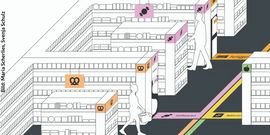 Eine Zeichnung zeigt die Anordnung der Regalbuchten. Sie sind mit Symbolen wie Bretzel und Bonbon gekennzeichnet, die auch auf dem Bodenleitstreifen zu sehen sind