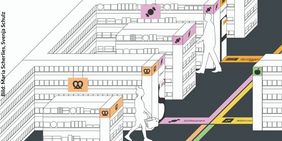 Eine Zeichnung zeigt die Anordnung der Regalbuchten. Sie sind mit Symbolen wie Bretzel und Bonbon gekennzeichnet, die auch auf dem Bodenleitstreifen zu sehen sind