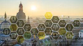 Das Stadtbild Dresdens mit vielen verschiednen Pictogrammen passend zur Mobilit&auml;t