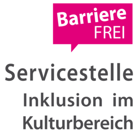 Logo_Servicestelle Inklus Logo-Schriftzug Servicestelle Inlkusion im Kulturbereich mit Sprechblase barrierefrei