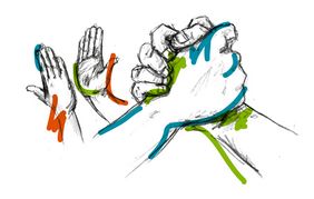 zwei Handpaare, ein Handpaar symbolisiert sich per Handschlag, das zweite Paar sind zwei entgegengesetzte H&auml;nde, gezeichnet in schwarz mit kleine Farbenakzenten