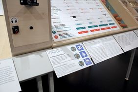 Blick auf Auswahl-Tafel mit Kn&ouml;pfen zur Abrufen der Inforamtionen zum Ausstellungsst&uuml;ck