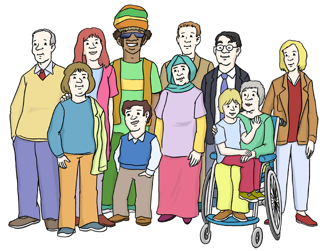 Leichte Sprache_Inklusion Menschen-Gruppe mit unterschiedenen Menschen