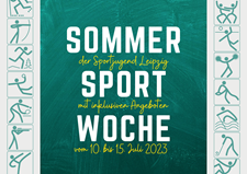 [Translate to Leichte Sprache:] Das Logo der SommerSportWoche in Leipzig. In einem gr&uuml;nen Viereck steht in wei&szlig;er Schreit "Sommer Sport Woche". Links und rechts von dem gr&uuml;nen Viereck sind Strichm&auml;nnchen zu sehen, die verschiedene Sportarten aus&uuml;ben.